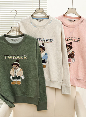 2025秋冬新款学院风加绒撞色刺绣拼接圆领长袖卫衣女TTMA254VC3K