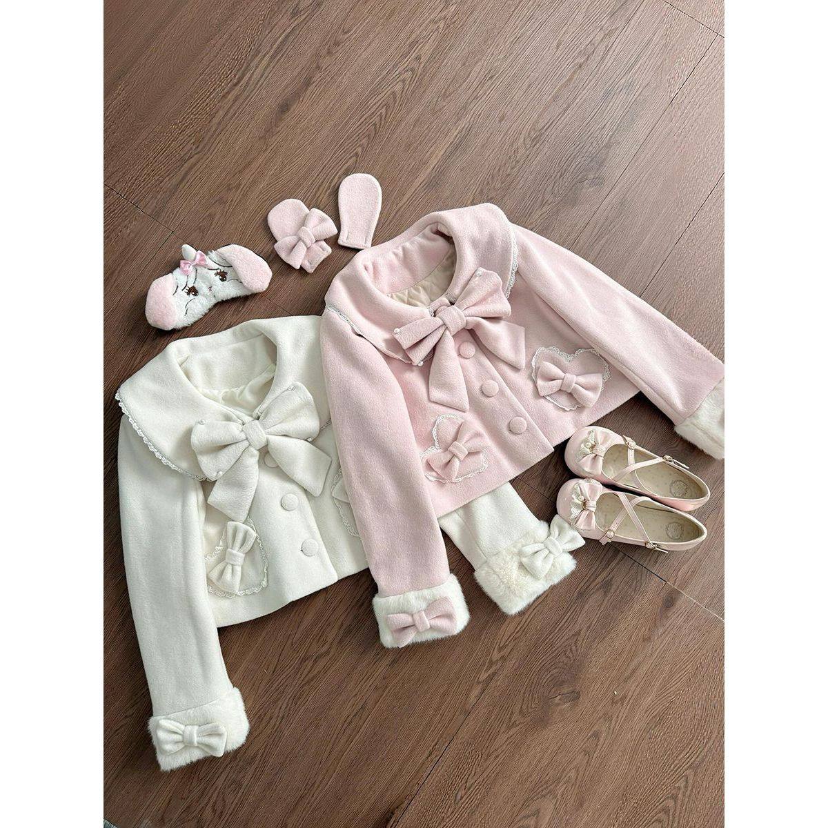 初乳暖调日系小众蝴蝶结毛呢外套学院风甜美小个子短款呢子大衣女