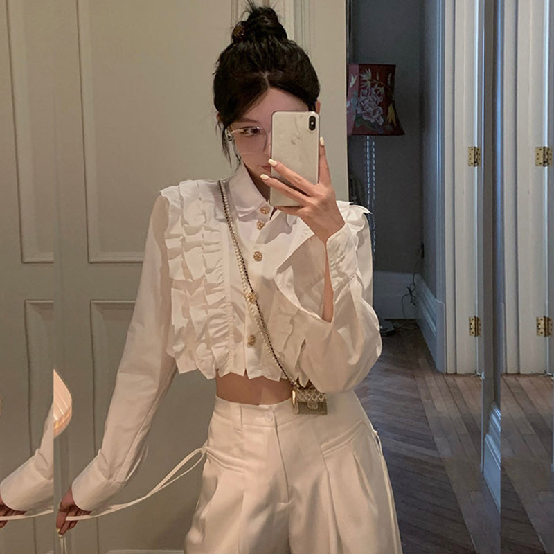 法式宫廷风荷叶边翻领衬衫女早秋2025新款设计感