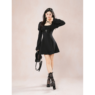 哥特风黑色蕾丝泡泡长袖 新款 系带收腰设计感连衣裙 秋季 十字夜宴