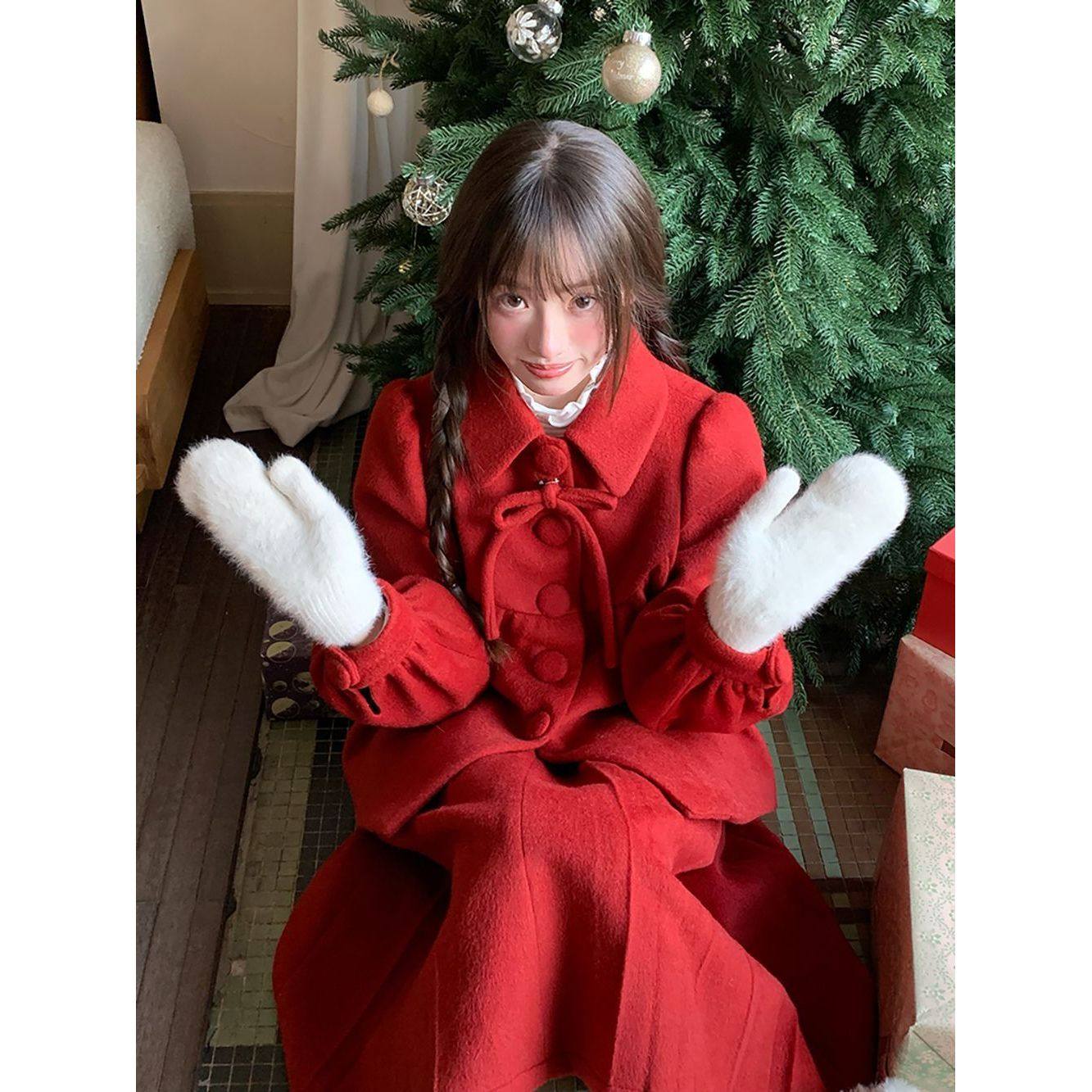 红色新年战袍甜美套装娃娃领蝴蝶结千金大小姐毛呢外套半裙两件套