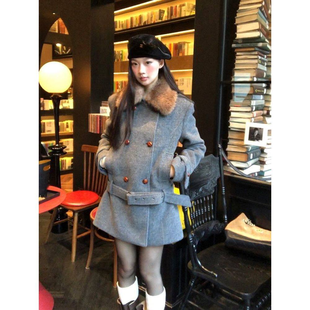【旧巷拾光】复古高级秋冬毛领双排扣毛呢外套收腰千金呢子大衣女