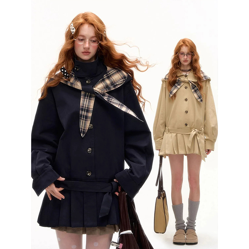 学院风甜美减龄外套女早秋季新款设计感可拆卸兔耳朵帽子百褶风衣