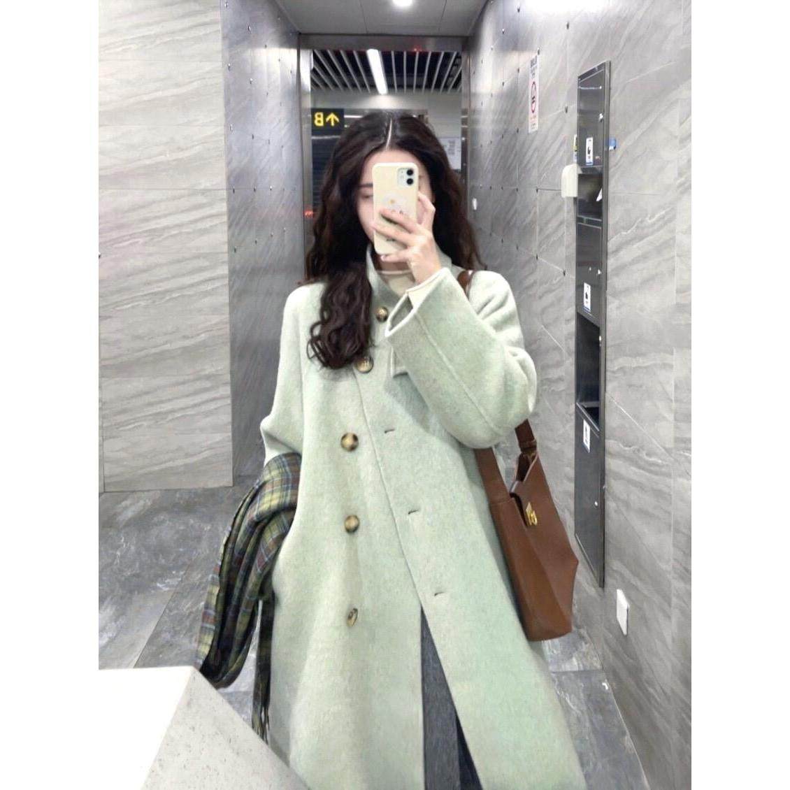 2025立领宽松毛呢外套秋冬款韩系气质单排扣宽松绿色长款呢子大衣