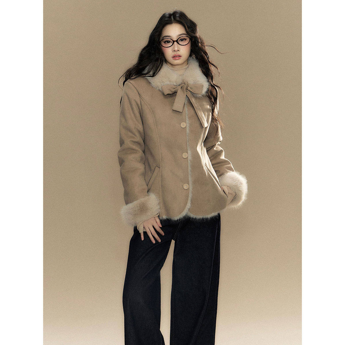 设计感复古蝴蝶结撞色毛领毛呢外套秋冬小众高级感气质修身上衣女