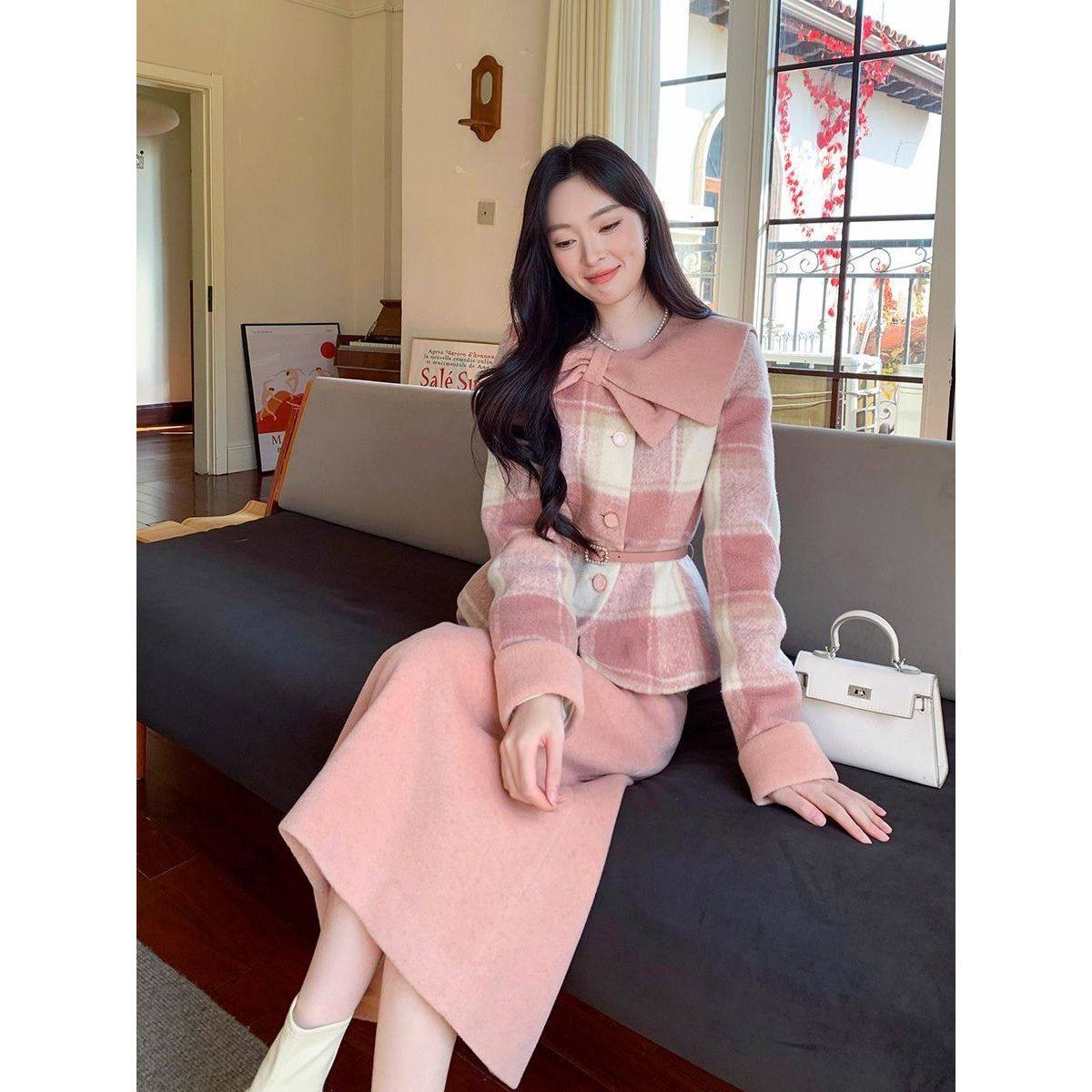 气质法式温柔小香拼接蝴蝶结领外套+半裙套装女2025秋冬新款穿搭,女装/女士精品,时尚套装,淘宝优惠券,粉丝福利购,淘宝优惠卷