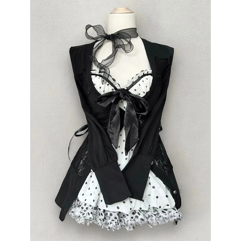 古早风古着套装女秋季新款蝴蝶结波点吊带气质开衫蕾丝半裙三件套