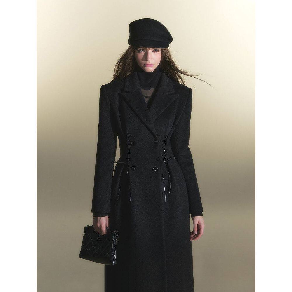 巴黎香颂 气质感留洋大小姐超模收腰绑带双排扣长款毛呢大衣外套