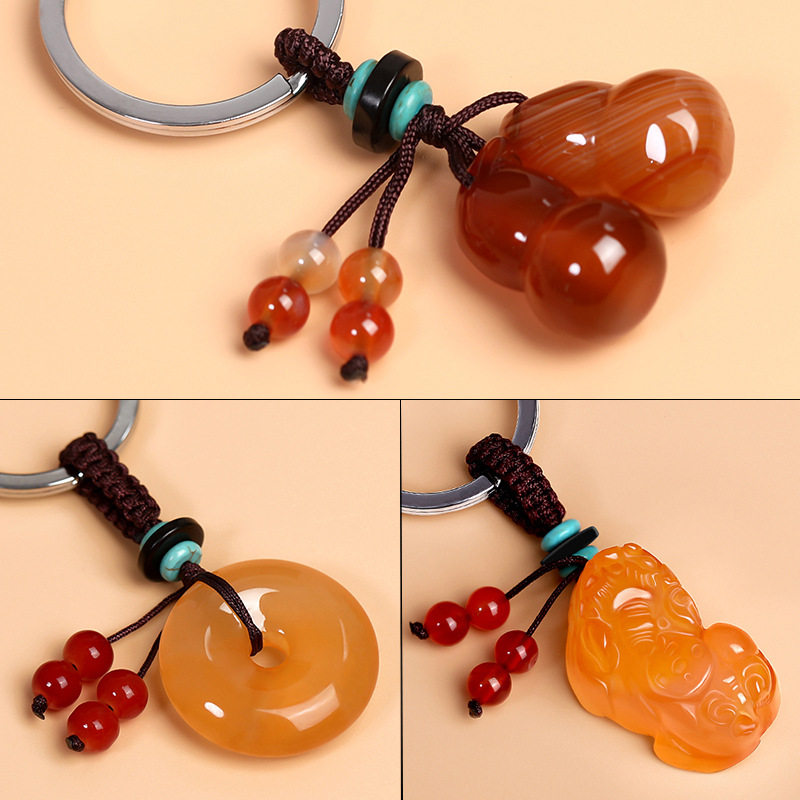 玉髓貔貅招财汽车钥匙扣挂件男玛瑙平安扣吊坠女葫芦汽车钥匙挂件