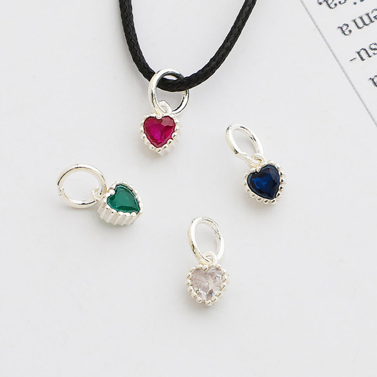 S925纯银镶钻锆石吊坠爱心挂件DIY串珠珍珠手链项链ins风彩色配件