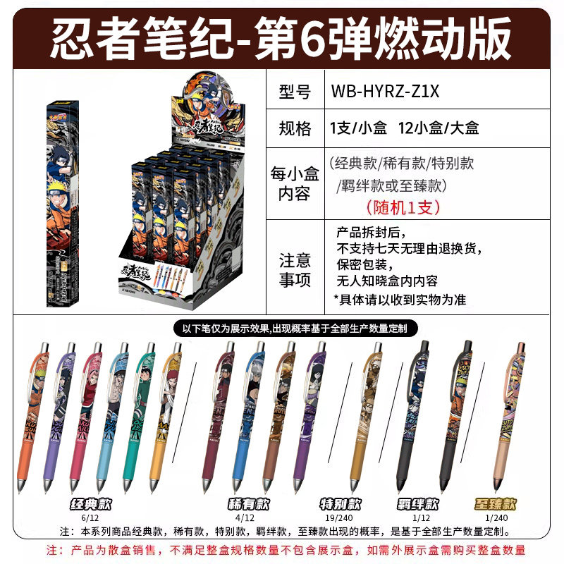 卡游火影忍者第六弹5代正版卡游盲盒隐藏羁绊款联名一整盒黑色水笔6比动漫学生按动式日常书写中性笔图片