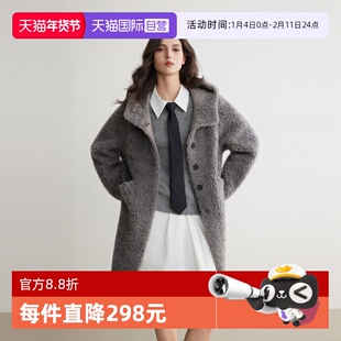 【自营】ELLE灰色连帽中长款毛绒外套女2025冬款羊羔毛仿皮草上衣