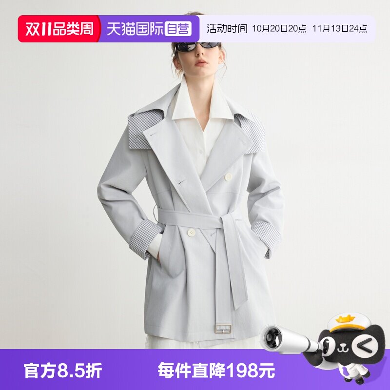 ELLE复古格纹设计感连帽风衣