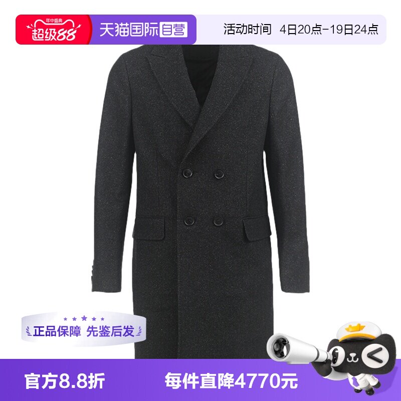 【自营】Zegna/杰尼亚纯色双排扣戗驳领垫肩男士羊毛混纺大衣外套