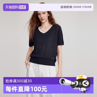 女2025夏新款 轻薄V领针织短袖 自营 正肩慵懒感天丝T恤 ELLE法式