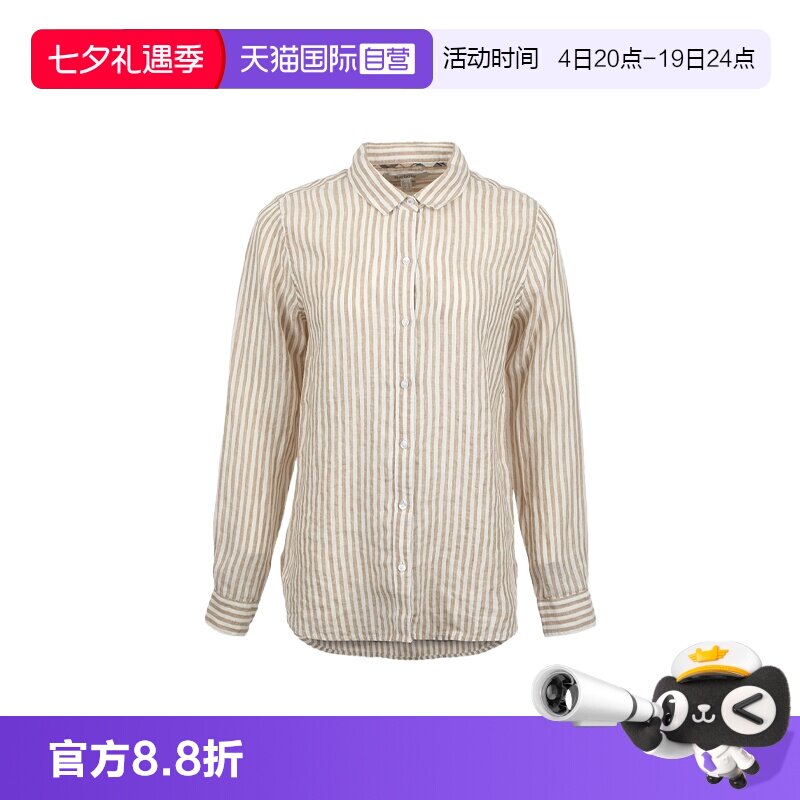 【自营】BARBOUR女士舒适亚麻尖领系扣直筒休闲松弛条纹长袖衬衫