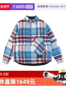 【自营】We11Done外套男款经典翻领蓝色格纹羊毛宽松休闲夹克拉链