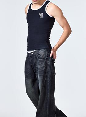 geniusclub春夏新款双拼三色修身紧身打底背心黑白两色高罗纹