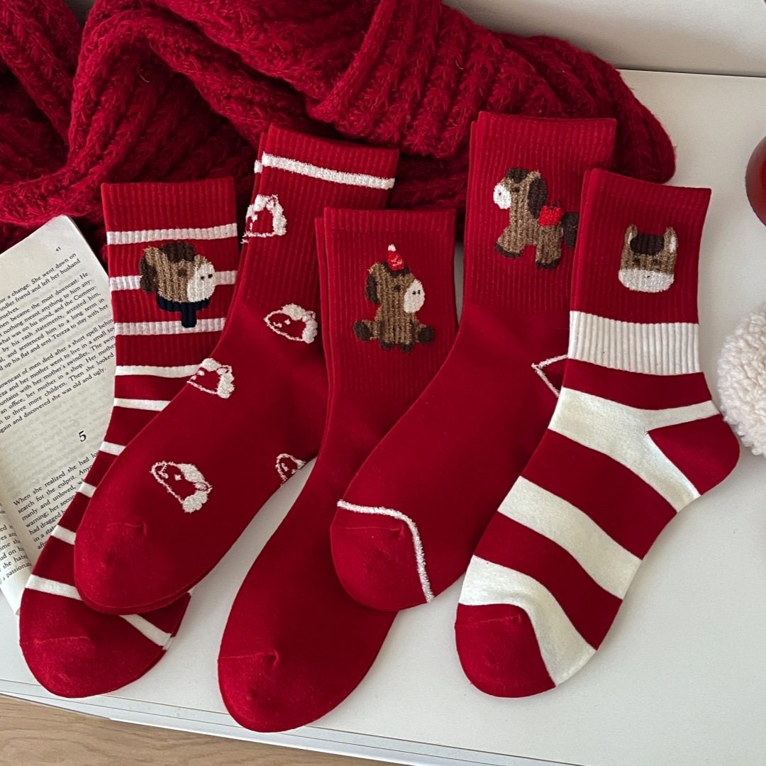 马年本命年新年大红袜子女高橡筋可爱卡通小马学院风中筒鸿运袜子