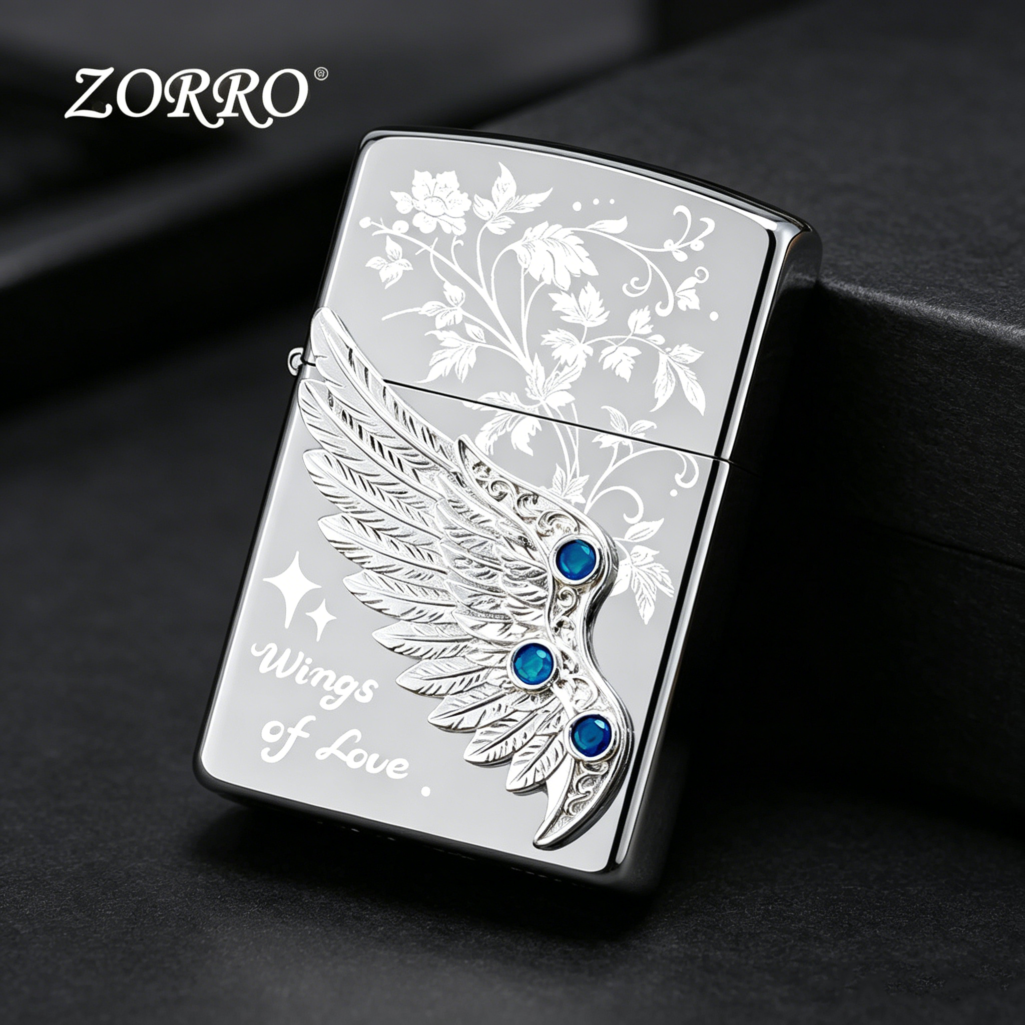 正版ZORRO煤油打火机银色贴章热恋羽翼雕刻个性防风火机高档礼品
