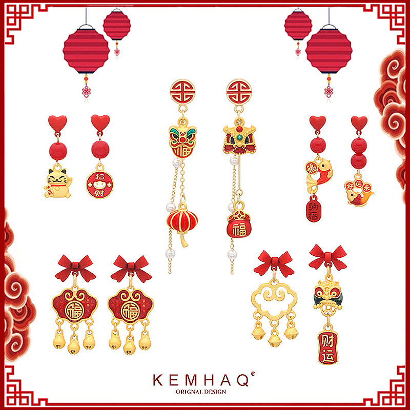 原创2026新年耳饰红色本命年春节醒狮不对称过年戴的纯银耳钉耳夹,饰品/流行首饰/时尚饰品新,耳夹,淘宝优惠券,粉丝福利购,淘宝优惠卷