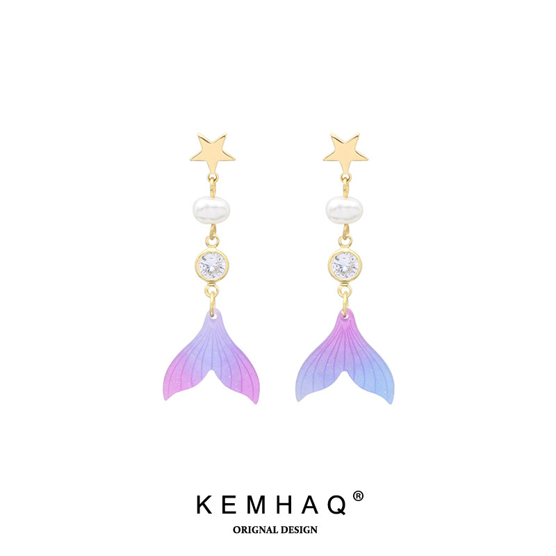 原创设计春夏蓝紫渐变色海洋鱼尾气质珍珠纯银耳钉耳环无耳洞耳夹,饰品/流行首饰/时尚饰品新,耳夹,淘宝优惠券,粉丝福利购,淘宝优惠卷