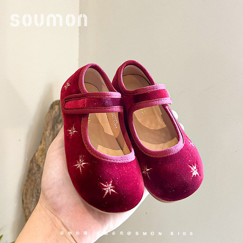 女童公主鞋2026春季新款洋气礼服鞋子红色丝绒小女孩儿童软底皮鞋