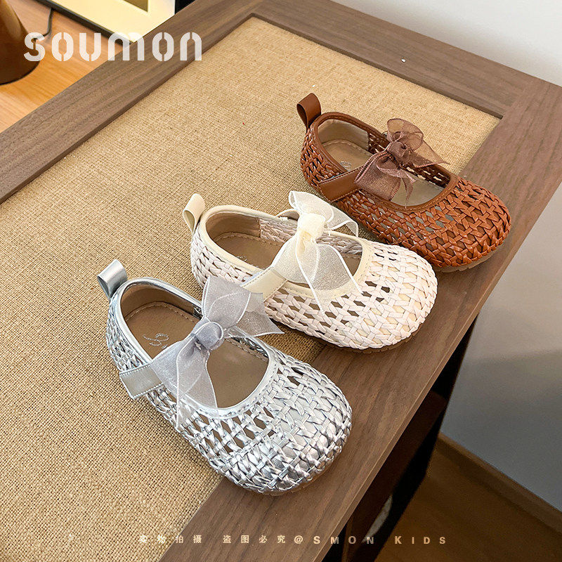 书萌儿童编织镂空凉鞋2026夏季新款女童蝴蝶结平底透气舒适公主鞋