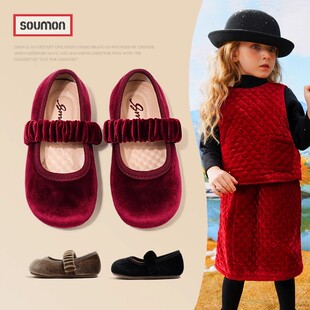 女童公主鞋软底春秋新款洋气女宝宝红色灯芯绒小皮鞋鞋子单鞋周岁