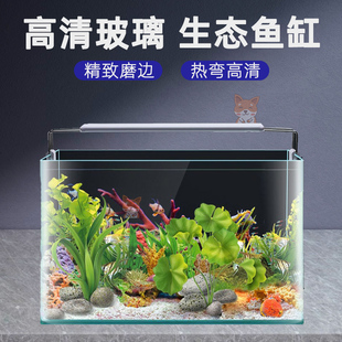 热弯玻璃高清鱼缸家用创意小型客厅水族箱桌面造景生态超白金鱼缸