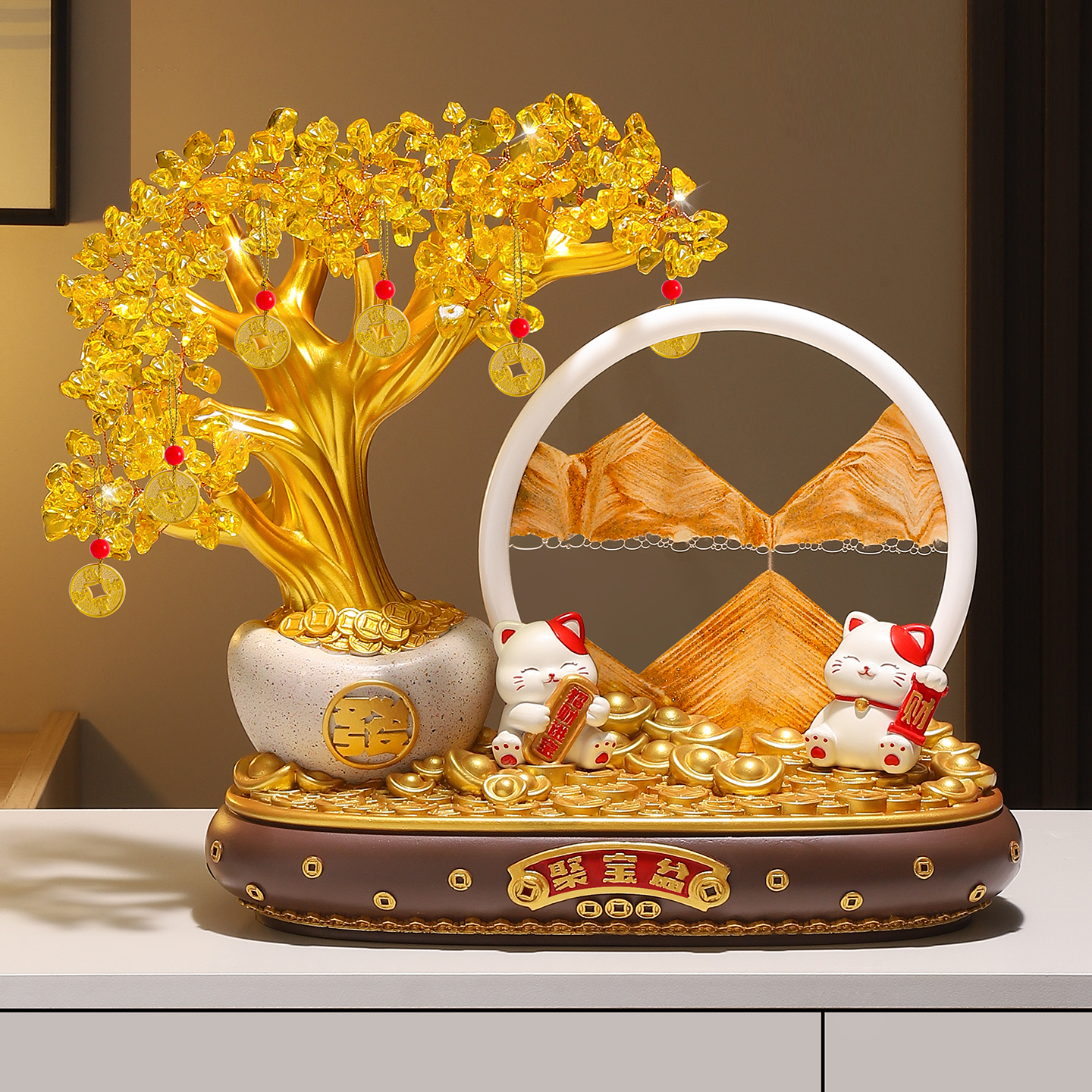 轻奢黄金发财树招财猫流沙画摆件