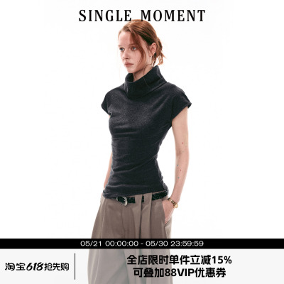 SINGLE MOMENT 26SS法式夏季休闲翻领小飞袖修身针织T恤上衣女