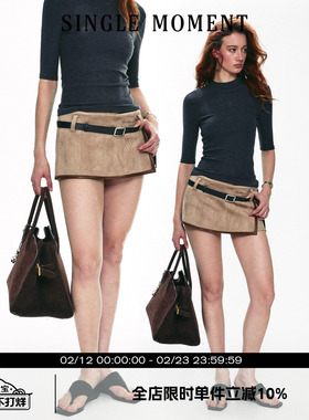 SINGLE MOMENT 25SS复古设计感麂皮假两件超短半裙低腰短裙女