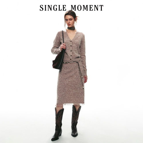 SINGLE MOMENT 26AW法式复古通勤双股花纱v领毛织开衫长袖针织衫