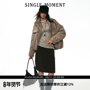 SINGLE MOMENT 25AW法式秋冬绒面褶皱工装大口袋棉衣夹克外套女