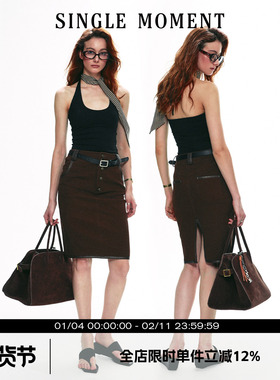 SINGLE MOMENT 25SS复古撞色皮条拼接工装裙铅笔裙半身裙包臀裙女