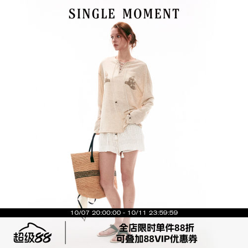 SINGLE MOMENT 26SS法式针织慵懒和平鸽印花宽松麻感长袖T恤上衣
