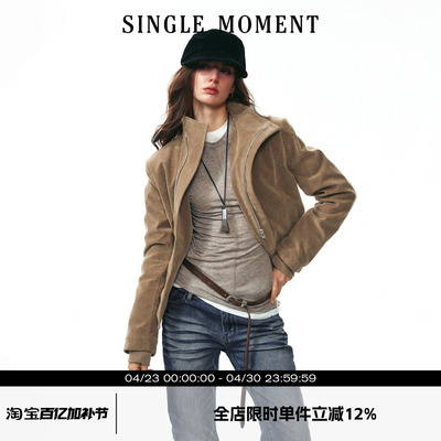SINGLE MOMENT 25AW法式复古绒感斜门襟立领短款夹克长袖外套女