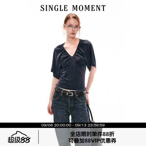SINGLE MOMENT 26SS法式夏季休闲抽褶V领蝙蝠袖T恤上衣宽松短袖女