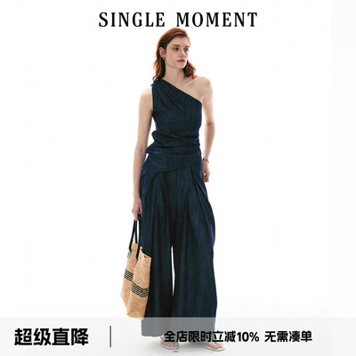 SINGLE MOMENT 26SS法式复古斜肩修身显瘦无袖上衣背心西裤套装女