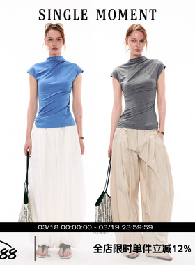 SINGLE MOMENT 26SS法式夏季半高领小飞袖修身褶皱T恤无袖上衣女