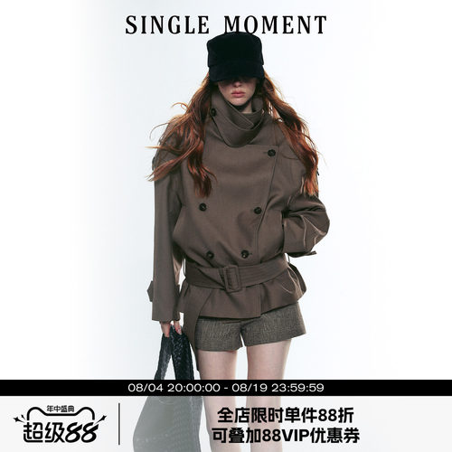 SINGLE MOMENT 25AW法式复古大立领宽肩短款双排扣系腰风衣外套女