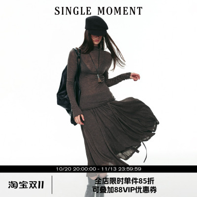 SINGLE MOMENT 26AW法式通勤肌理感卷边长袖打底针织衫插片半裙女