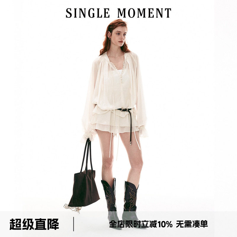 SINGLE MOMENT 26SS法式通勤宽松休闲圆领密扣罩衫上衣裙裤套装