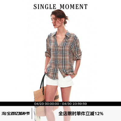SINGLE MOMENT 26SS法式夏季复古亚麻格纹五分袖卷边衬衫上衣女