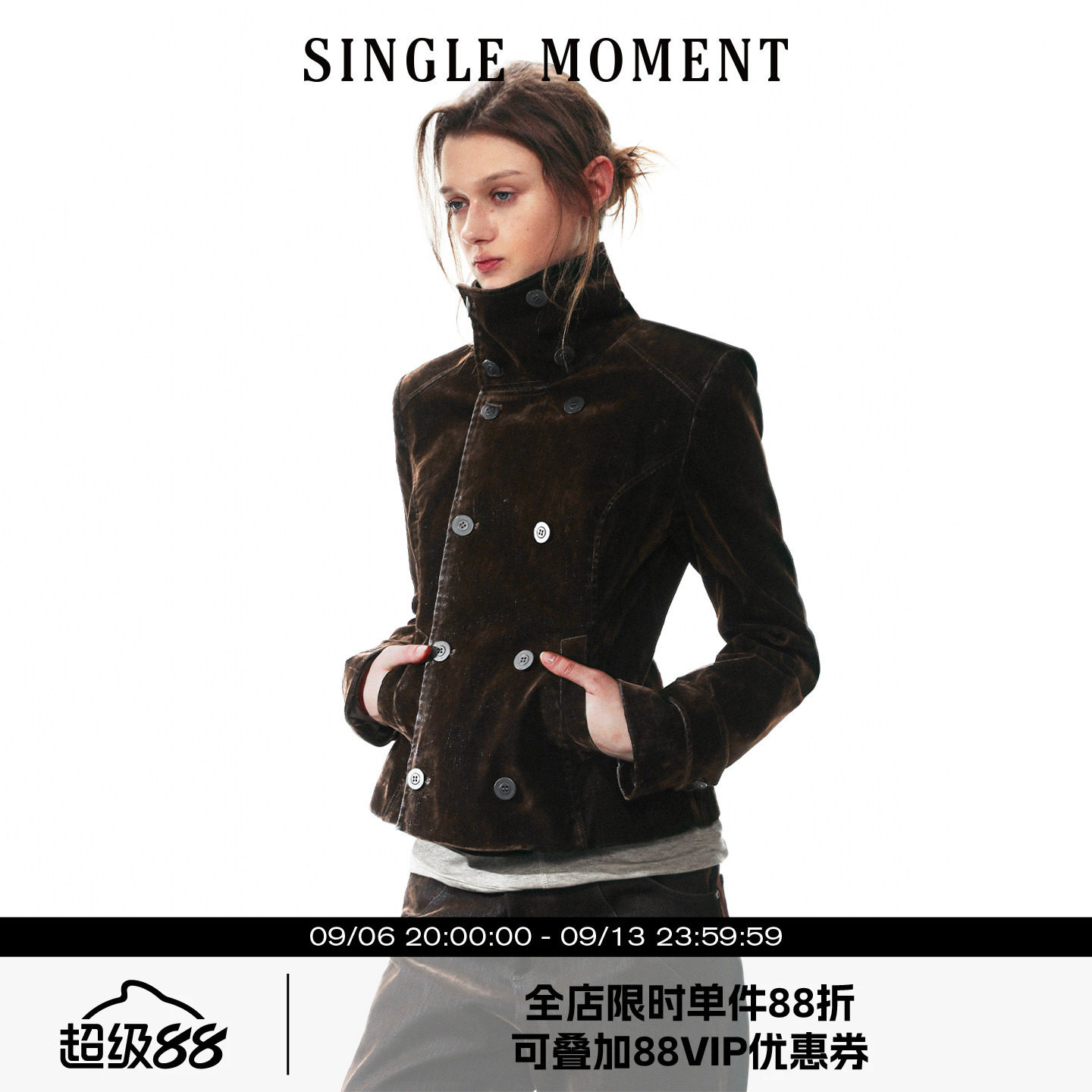 SINGLE MOMENT 26AW法式通勤复古高领短款丝绒工装外套长袖夹克女图片