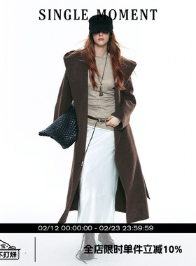 SINGLE MOMENT 25AW法式冬季复古羊毛连帽斗篷双面呢大衣长外套女