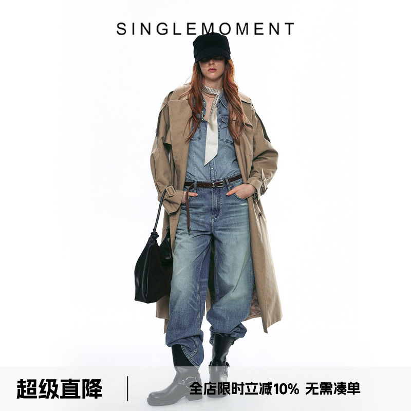 SINGLE MOMENT 25AW法式气质高级感双面缎纹大翻领长款风衣外套女