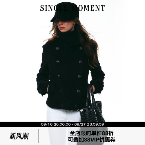 SINGLE MOMENT 25AW法式时尚经典双排扣正肩斜纹羊毛立领短外套女