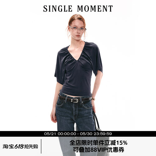 SINGLE MOMENT 26SS法式夏季休闲抽褶V领蝙蝠袖T恤上衣宽松短袖女